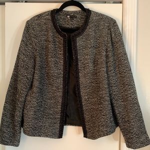 Black and white wool suit jacket. Black chain trim. Size XL